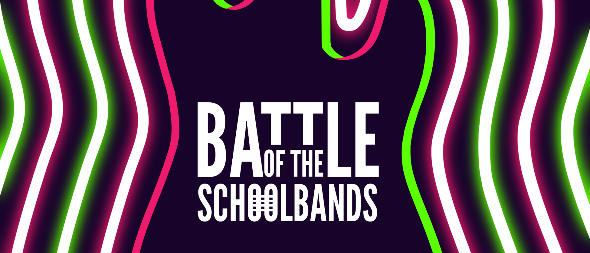 Logo in neon en witte letters Battle of the Schoolbands in gitaarvorm.
