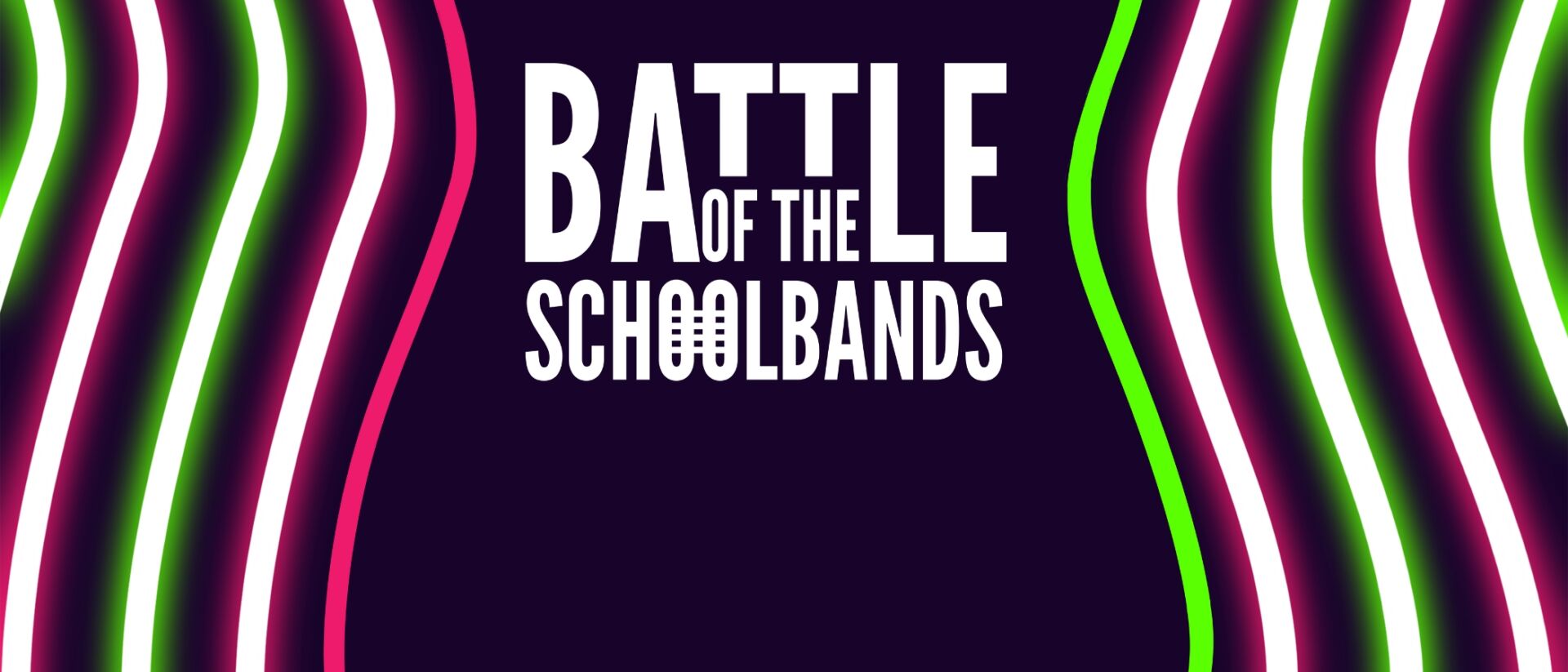 Logo in neon en witte letters Battle of the Schoolbands in gitaarvorm.