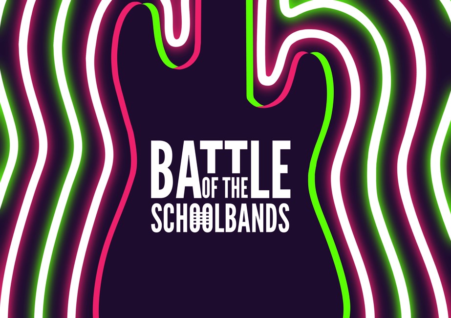 Logo in neon en witte letters Battle of the Schoolbands in gitaarvorm.