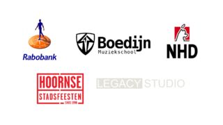 Het logo van Rabobank, Muziekschool Boedijn, NHD, Hoornse Stadsfeesten en Legacy Studio