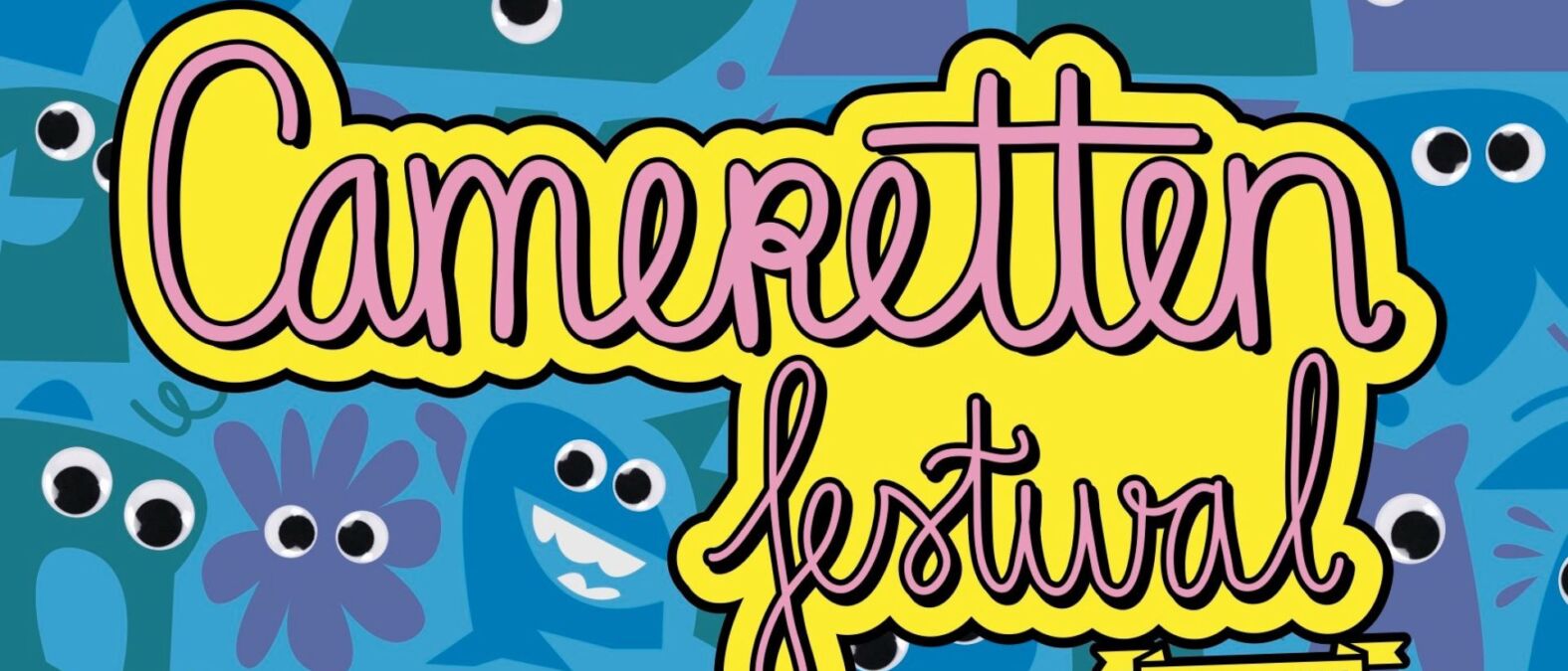 het is een blauwe achtergrond met de tekst Camaretten festival. Dit is een getekende poster voor de 58e finalistentournee.