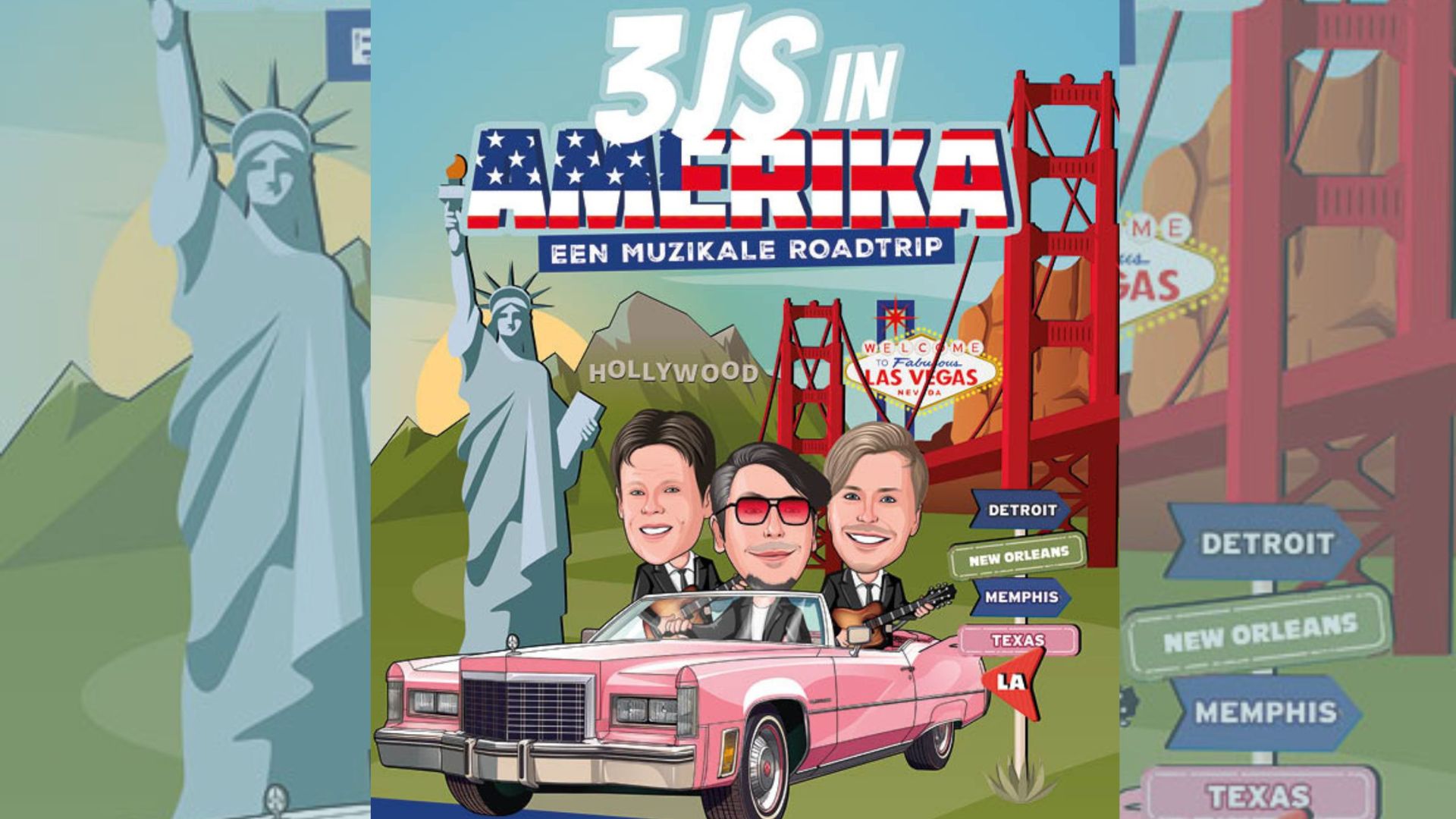 een tekening van de 3JS in een auto met op de achtergrond de golden gate bridge en het vrijheidsbeeld