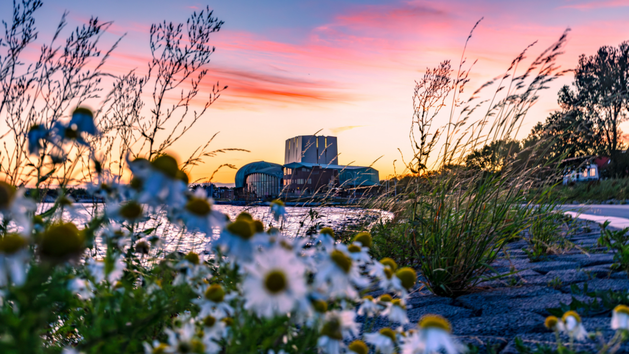 De schouwburg tegen een mooie zonsondergang