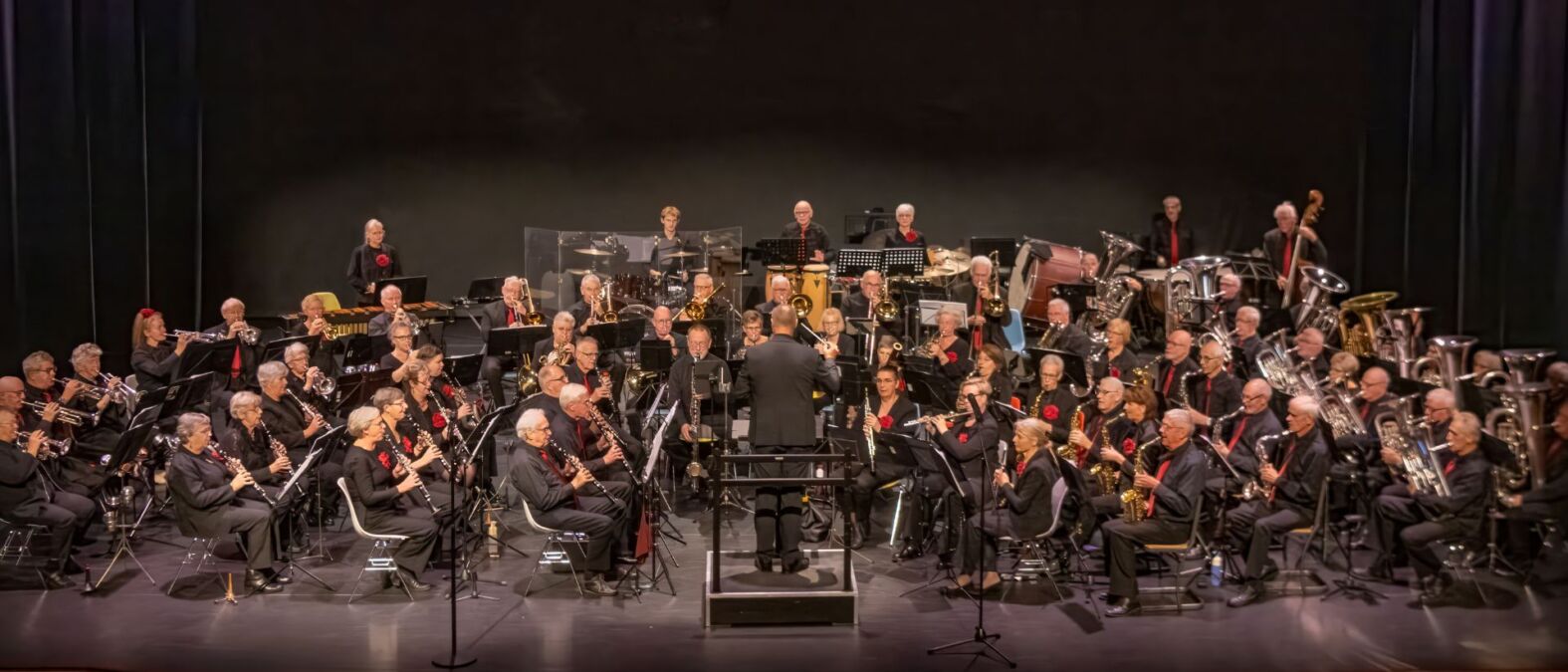 Een groot orkest zit op stoelen in een halve cirkel om de dirigent heen