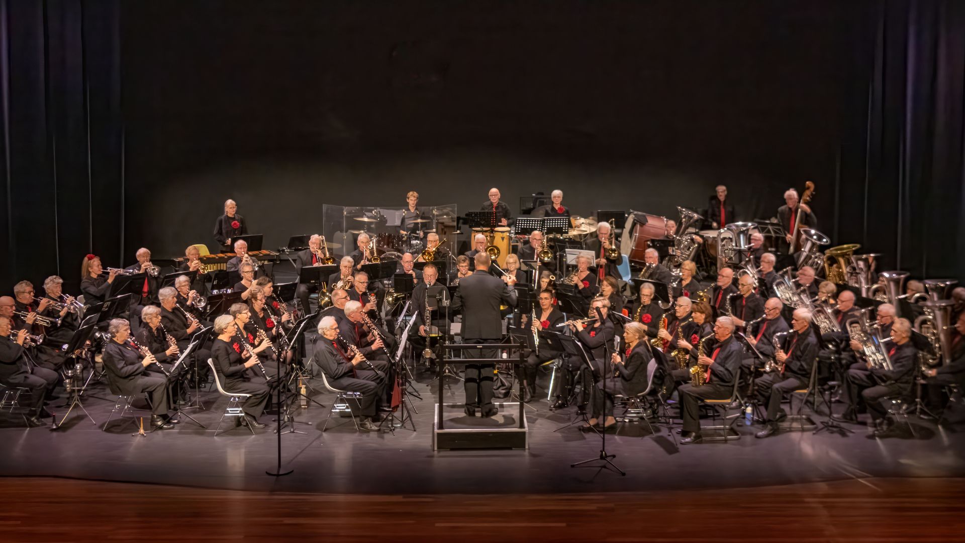 Een groot orkest zit op stoelen in een halve cirkel om de dirigent heen