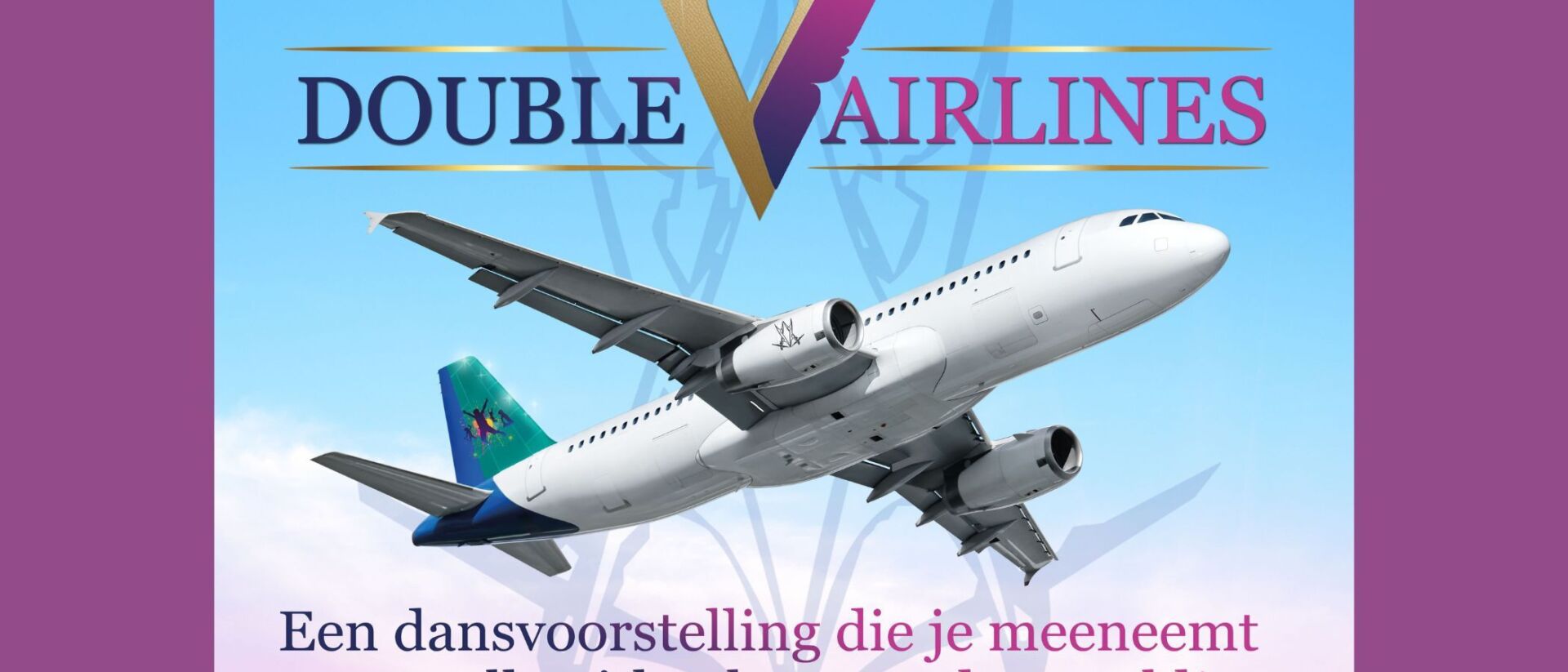 Een poster van een vliegtuig met daarop de tekst Double V Airlines