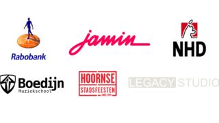 Logo van Rabobank, Jamin, NHD, Boedijn Muziekschool, Hoornse Stadsfeesten en Legacy Studio