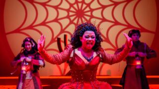 Een van de speelsters die in de voorstelling The Wiz speelt