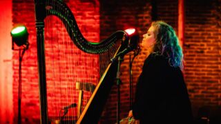 Podiumbeeld van vrouw aan de harp