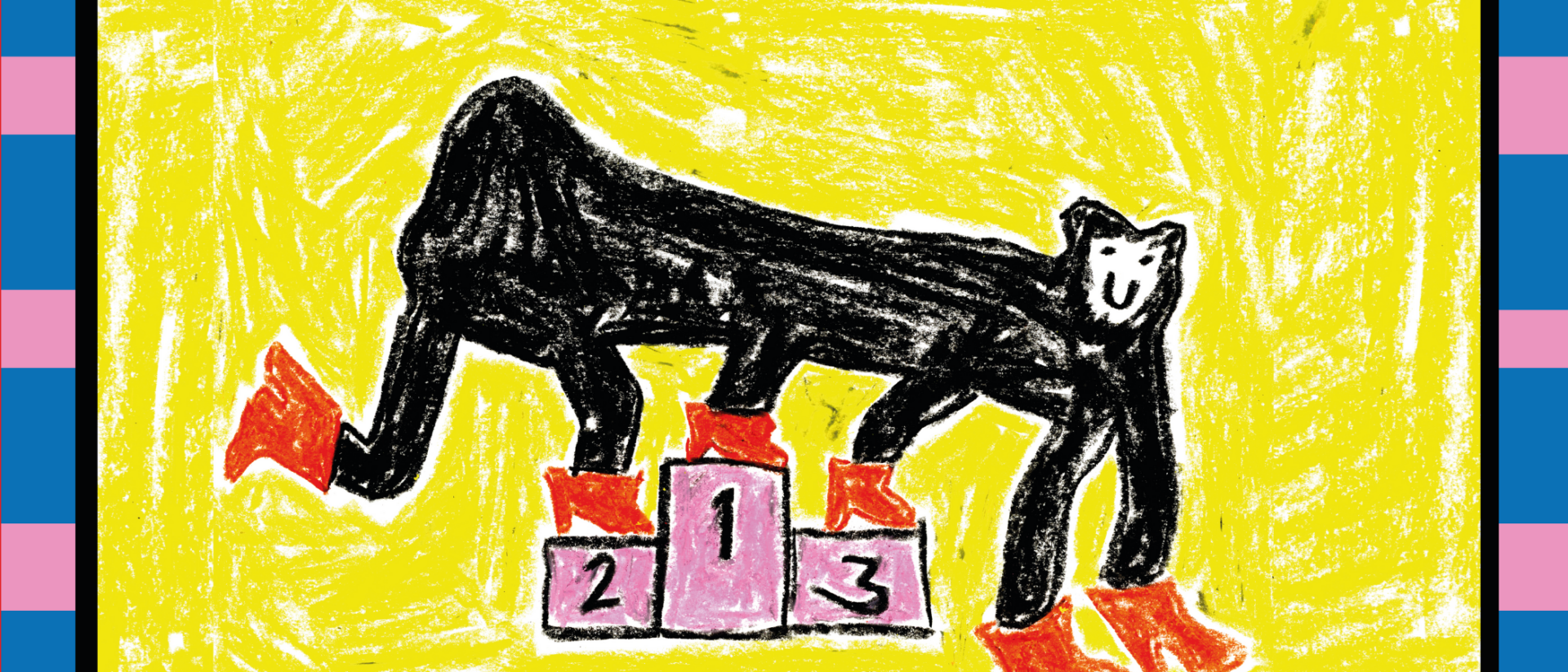 Kinderlijke tekening van een zwart dier met laarzen op alle poten, staand op een roze podium met de cijfers 1, 2 en 3, tegen een gele achtergrond met een kleurrijke rand.