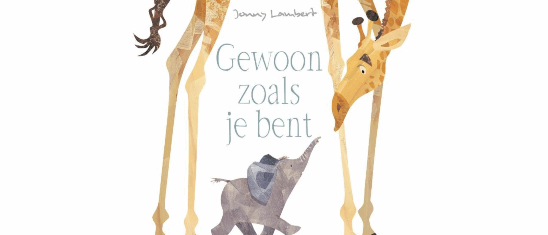 Een giraffe kijkt vragend naar een klein olifantje. Het is de voorkant van het boek.