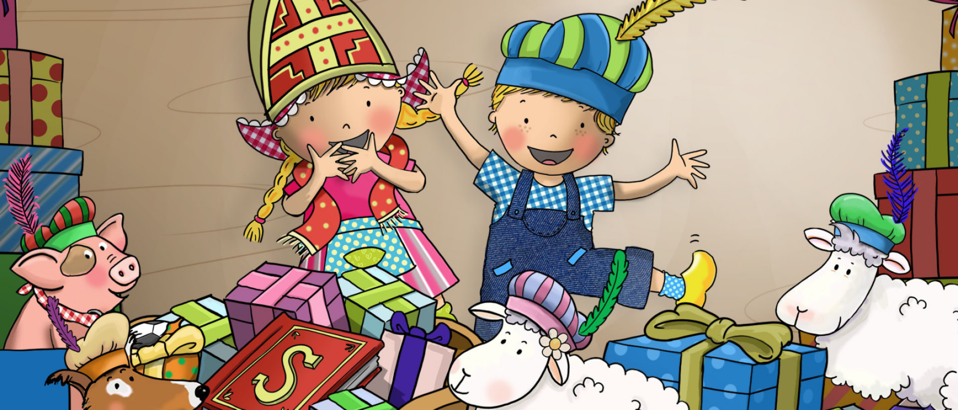 Illustratie van Fien en Teun in kleurrijke kappen, omringd door cadeaus en dieren zoals een varken, schaap en hond
