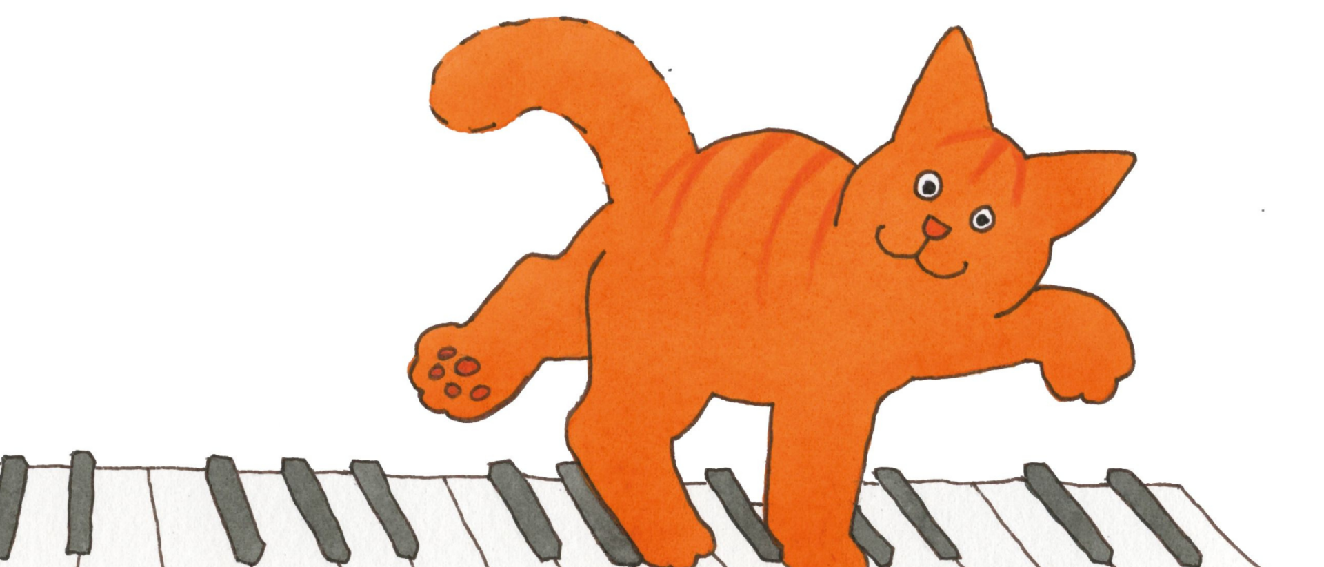 Dikkie Dik loopt over een piano. De afbeelding is in de stijl van Dikkie Dik getekend
