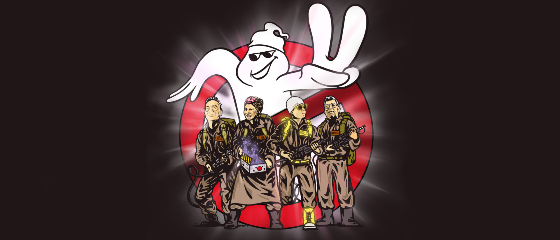 Illustratie van Ricky Risolles, Tante Eus en team in Ghostbusters-stijl ter promotie van de cabaretvoorstelling Dat heeft zo’n Indo tòg niet nodig… in Hoorn.