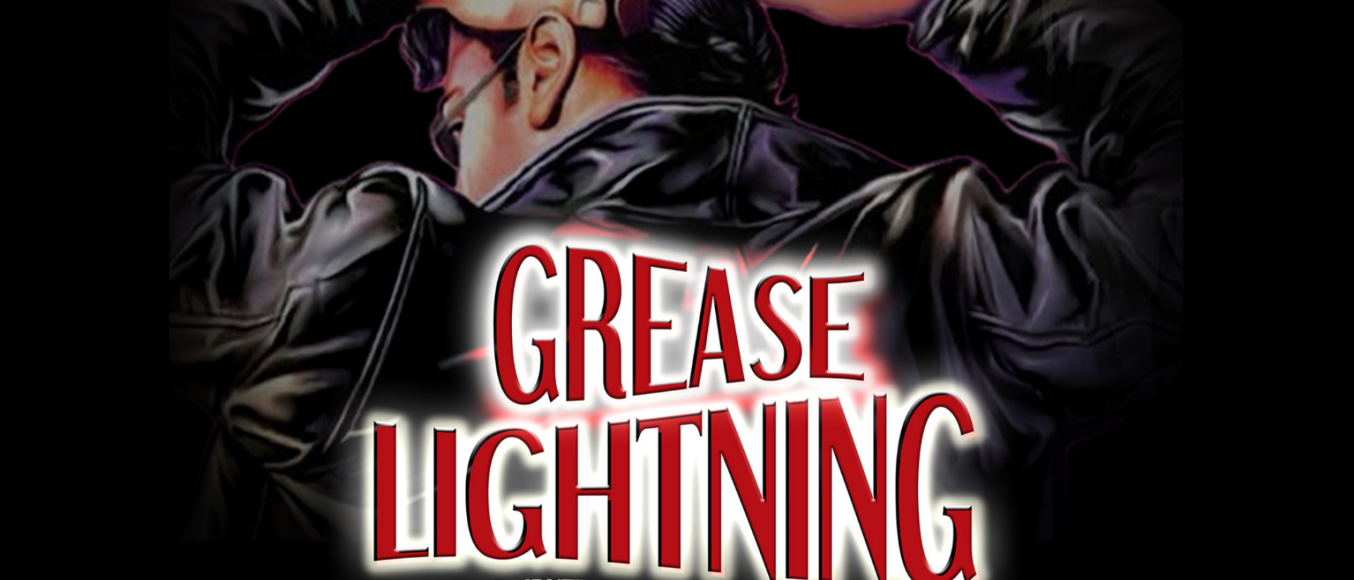 Illustratie van een man in leren jack die zijn haar kamt, met de tekst “Grease Lightning – Tribute to the Music of Grease” in rode en witte letters op de voorgrond.