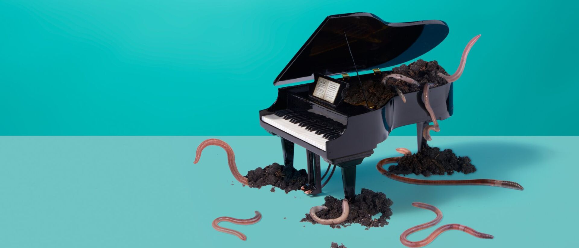 Een miniatuur piano vol aarde en wormen, met een turquoise achtergrond