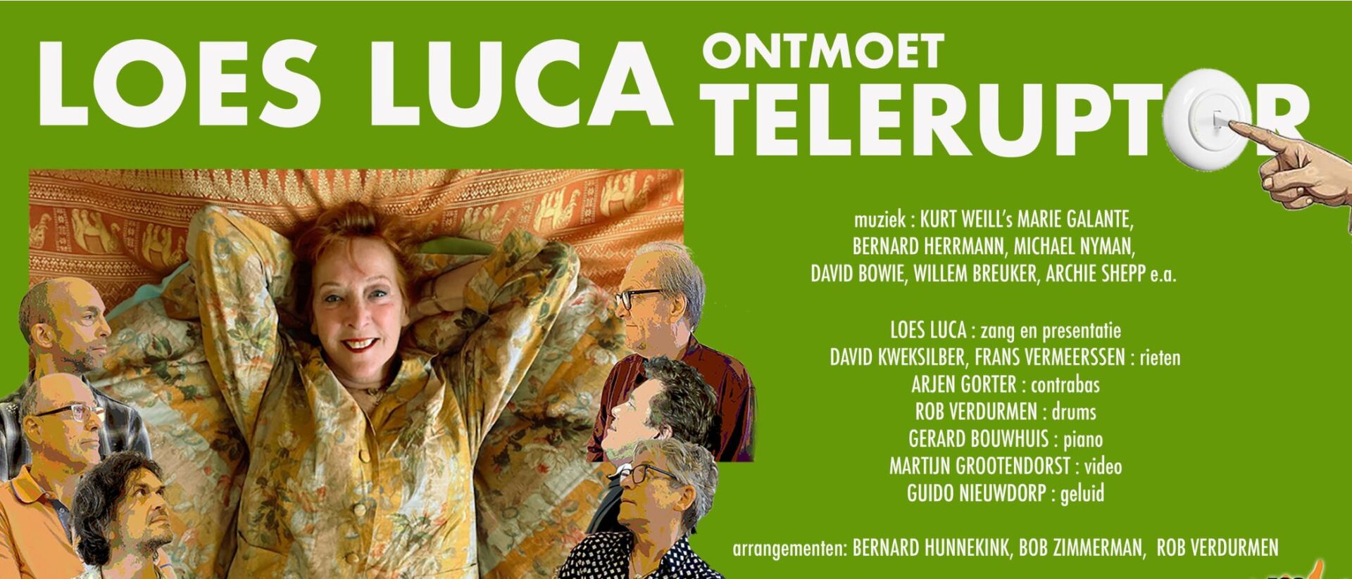 Je ziet een poster van de voorstelling, met de cast erop