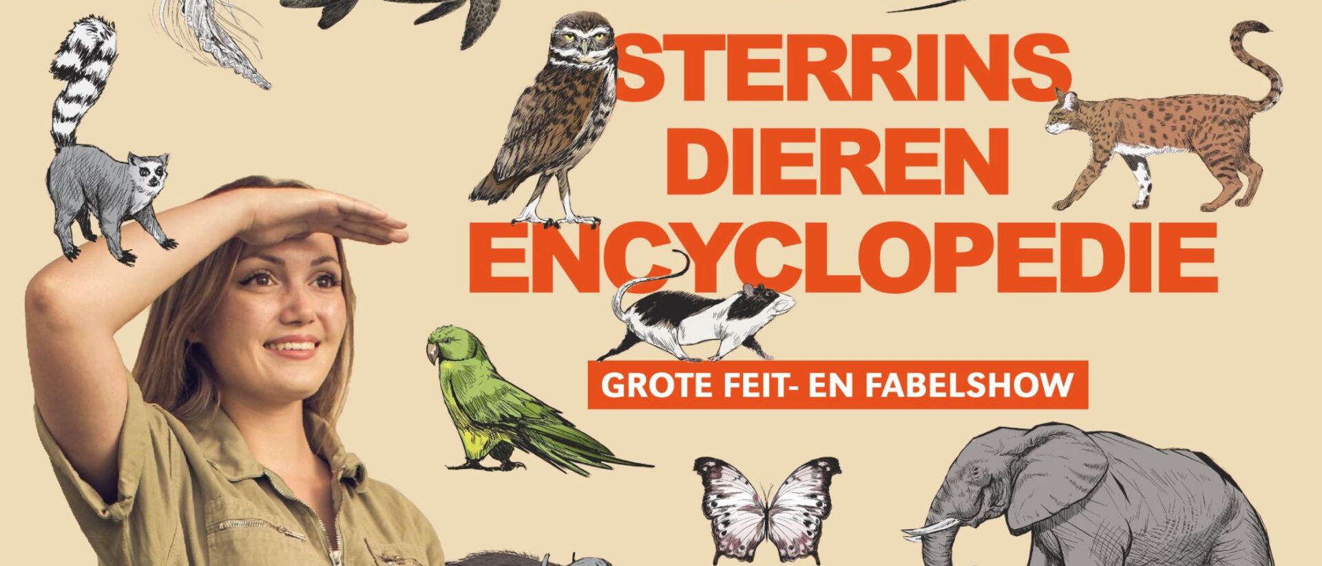 Sterrin Smalbrugge tussen getekende dieren, met de titel ‘Sterrins Dierenencyclopedie – Grote Feit- en Fabelshow
