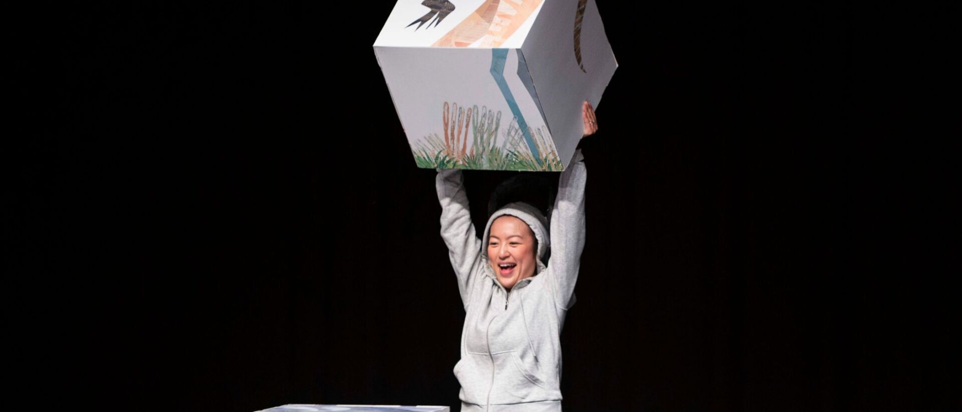 Performer heft een grote, kleurrijk beschilderde doos op tijdens de voorstelling