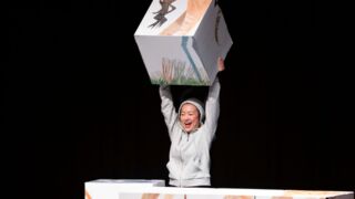 Performer heft een grote, kleurrijk beschilderde doos op tijdens de voorstelling