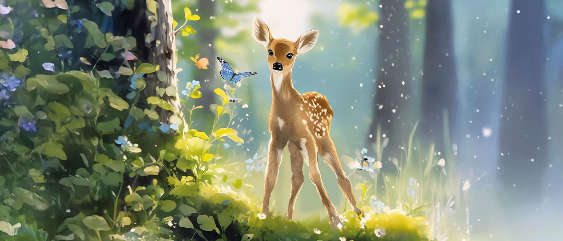 Bambi in het bos kijkend naar een vlinder