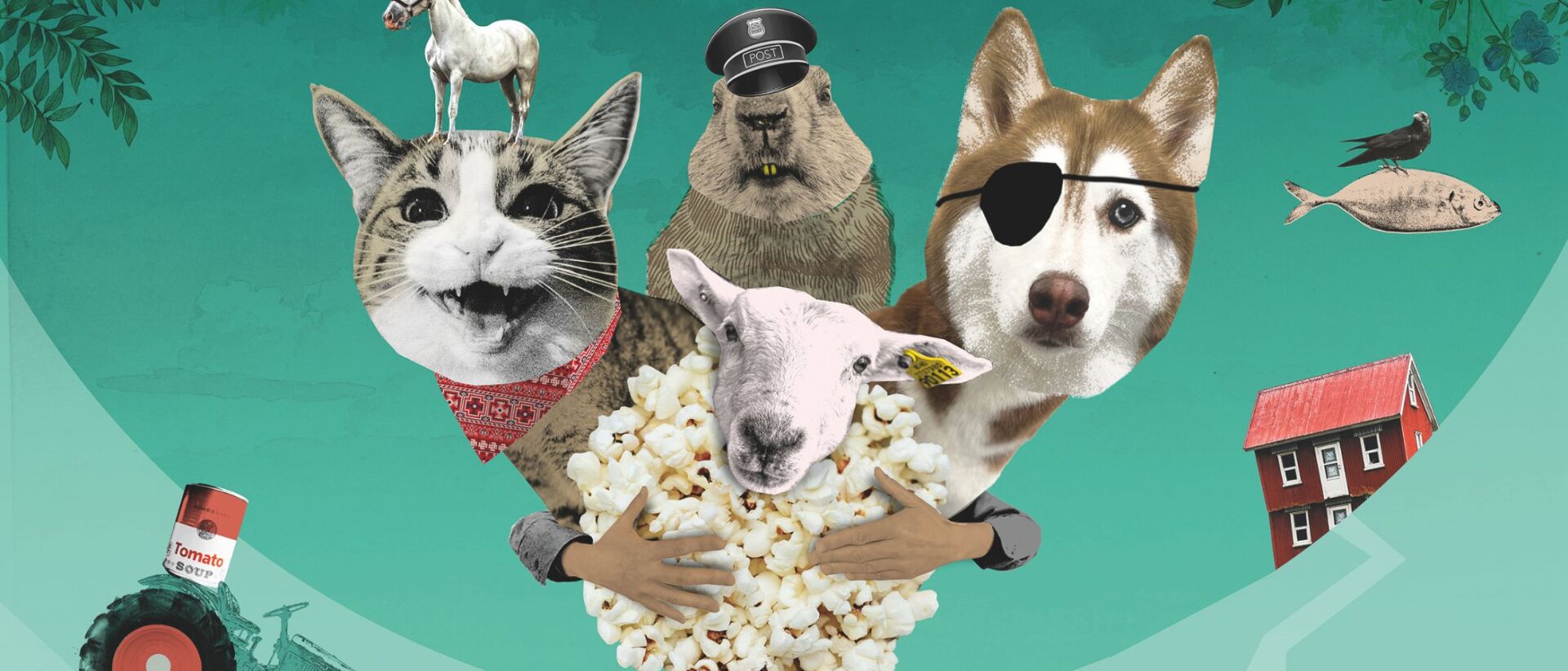 Collage van pratende dieren uit Oom Fjodor, de kleine dierenvriend