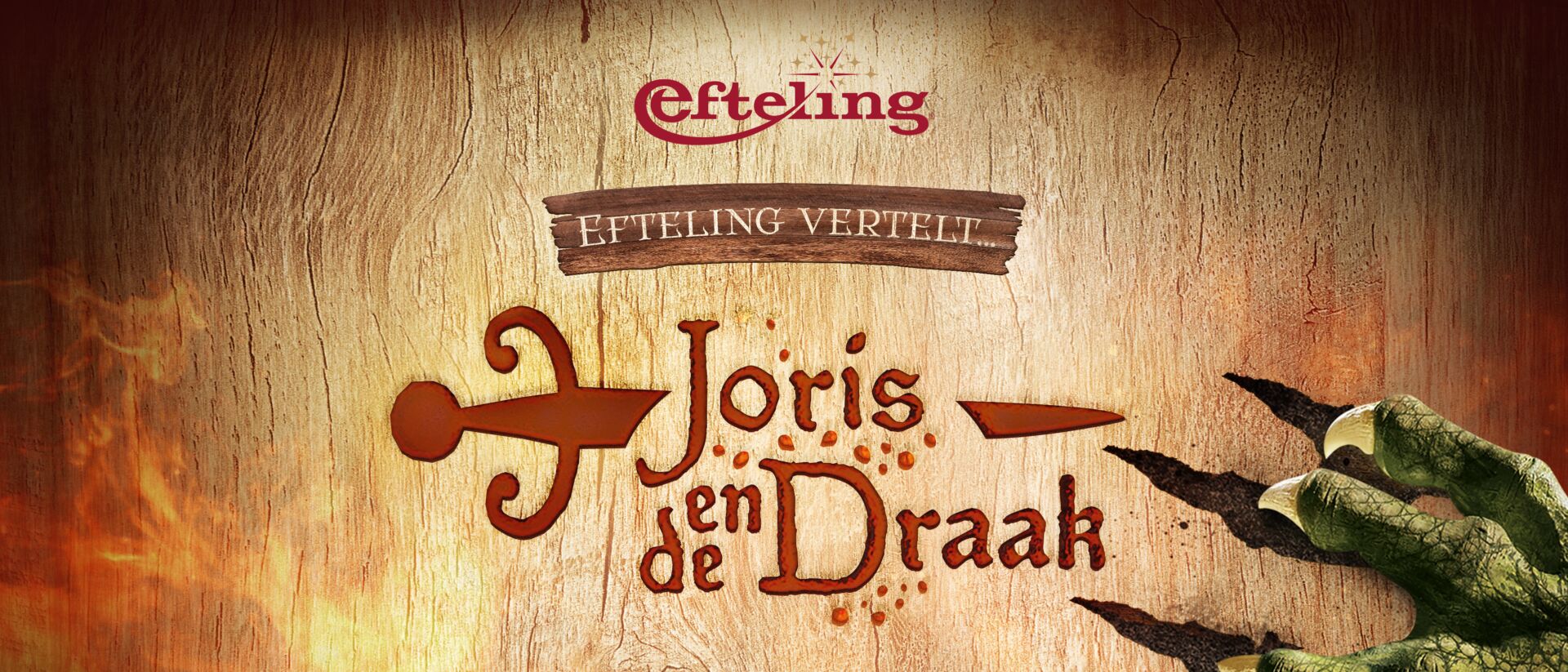 Promotiebeeld van de musical Joris en de Draak van de Efteling, met houtsnede-stijl achtergrond, vurige gloed, een groene drakenklauw en de tekst: “Een spannende musical voor de hele familie”.