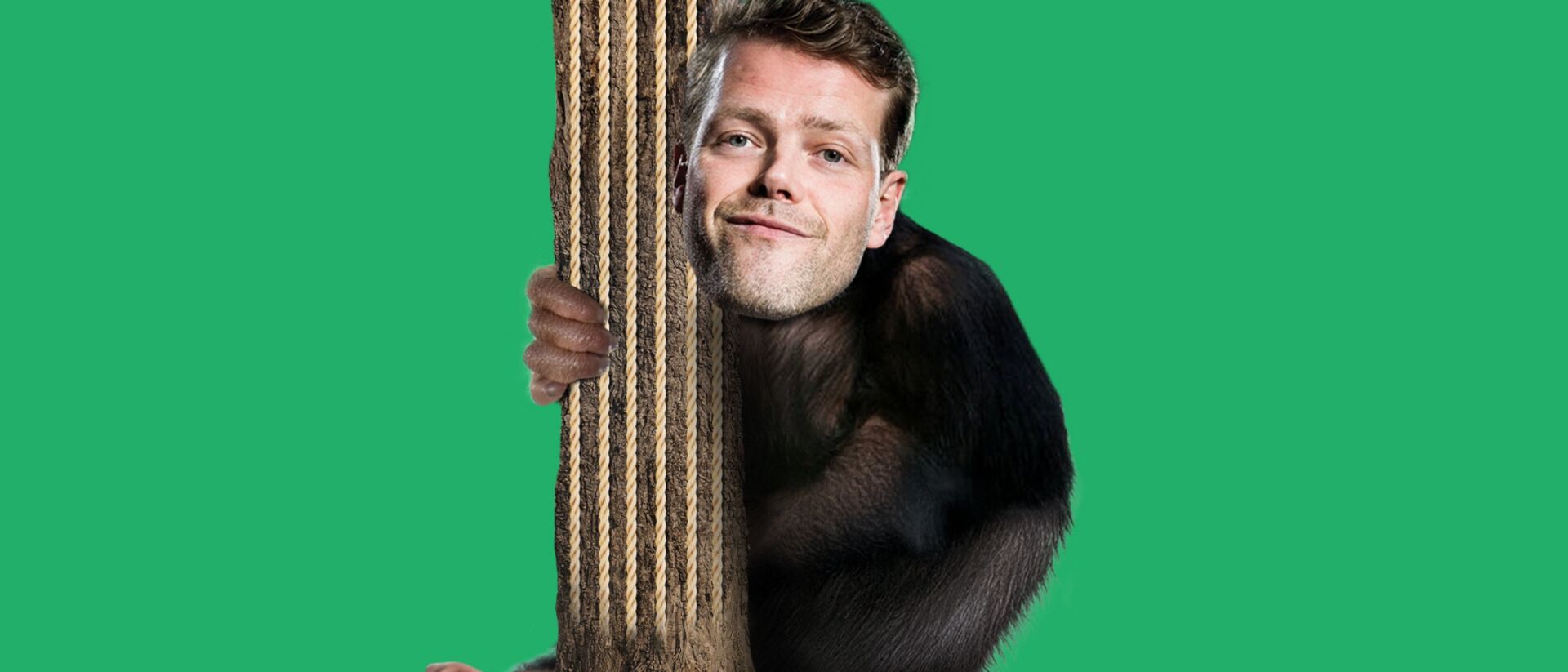 Het hoofd van Martijn Koning geplakt op het lichaam van een aap.
