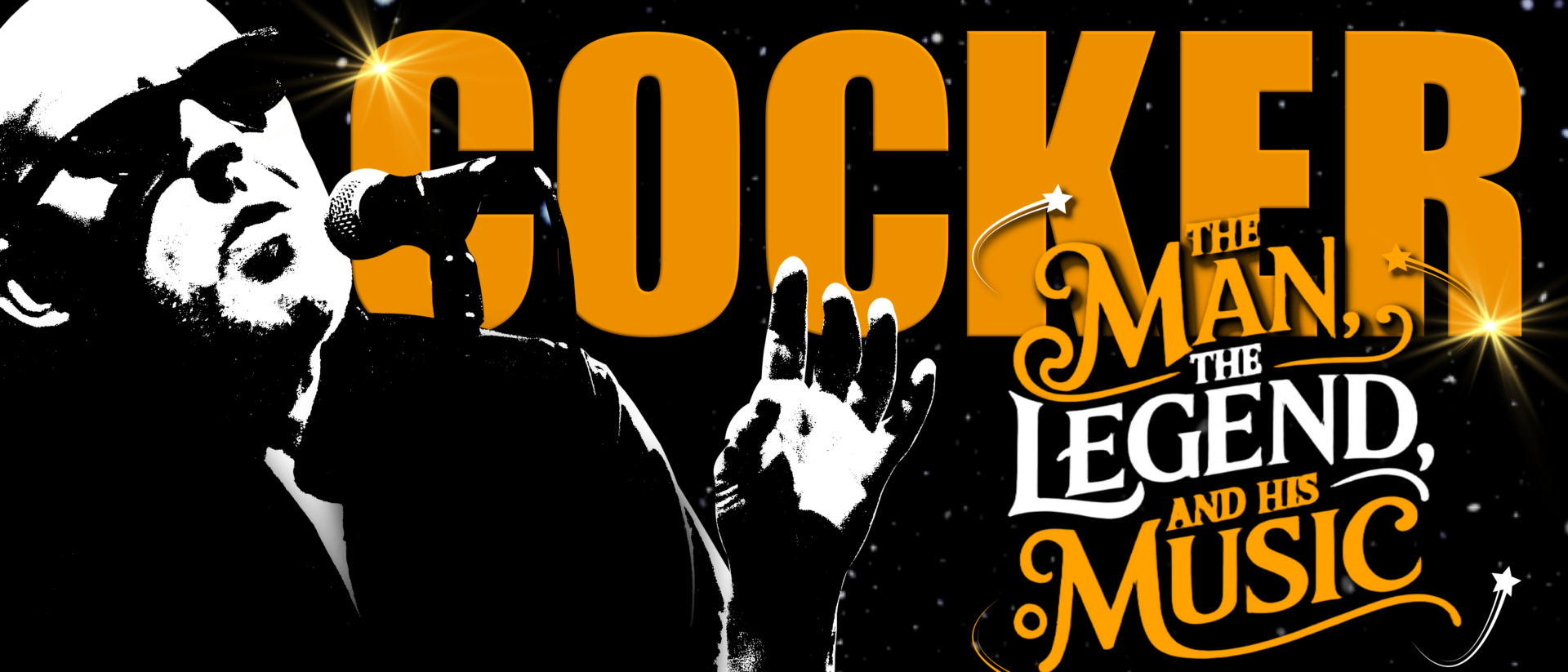 Promobeeld van de show 'Cocker – The Man, The Legend, and His Music' met silhouet van zanger bij microfoon, grote oranje letters en sterren op zwarte achtergrond.