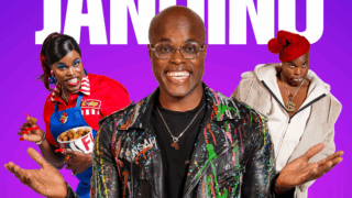 JAndino met alle personages die hij speelt in zijn voorstelling