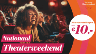 Afbeelding van een lachende vrouw in het theater, in kleurrijke letters staat er dat kaarten 'vanaf 10 euro' kosten.