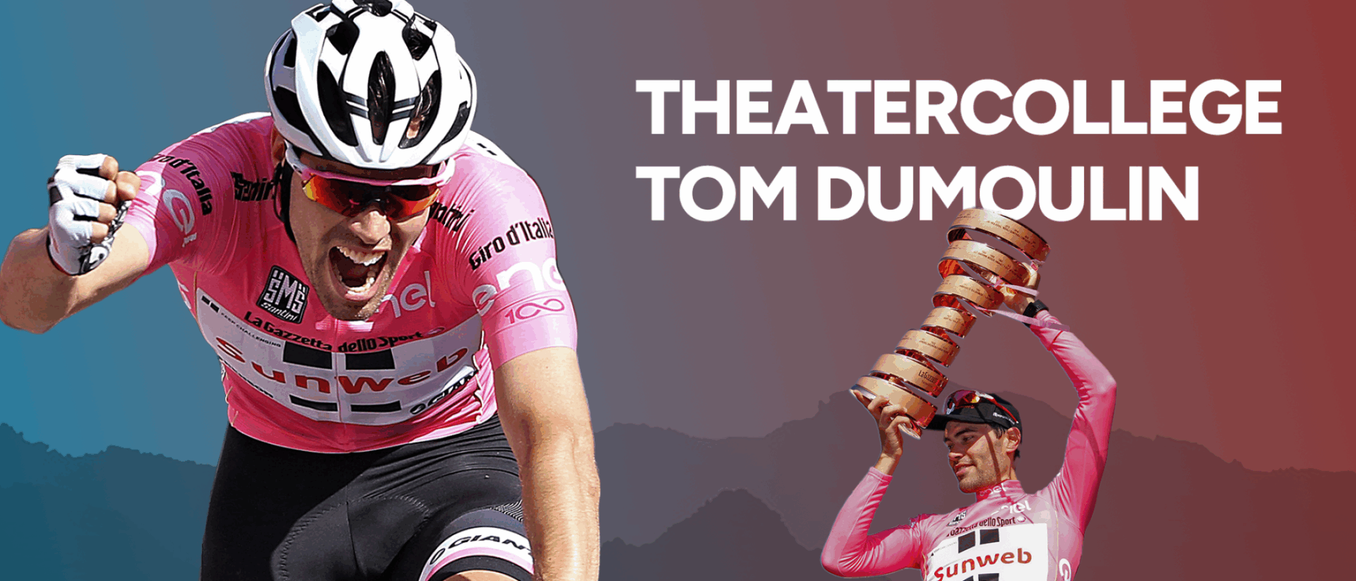 Tom Dumoulin op juichend op zijn fiets met ernaast een afbeelding van Tom juichend met een trofee in zijn hand