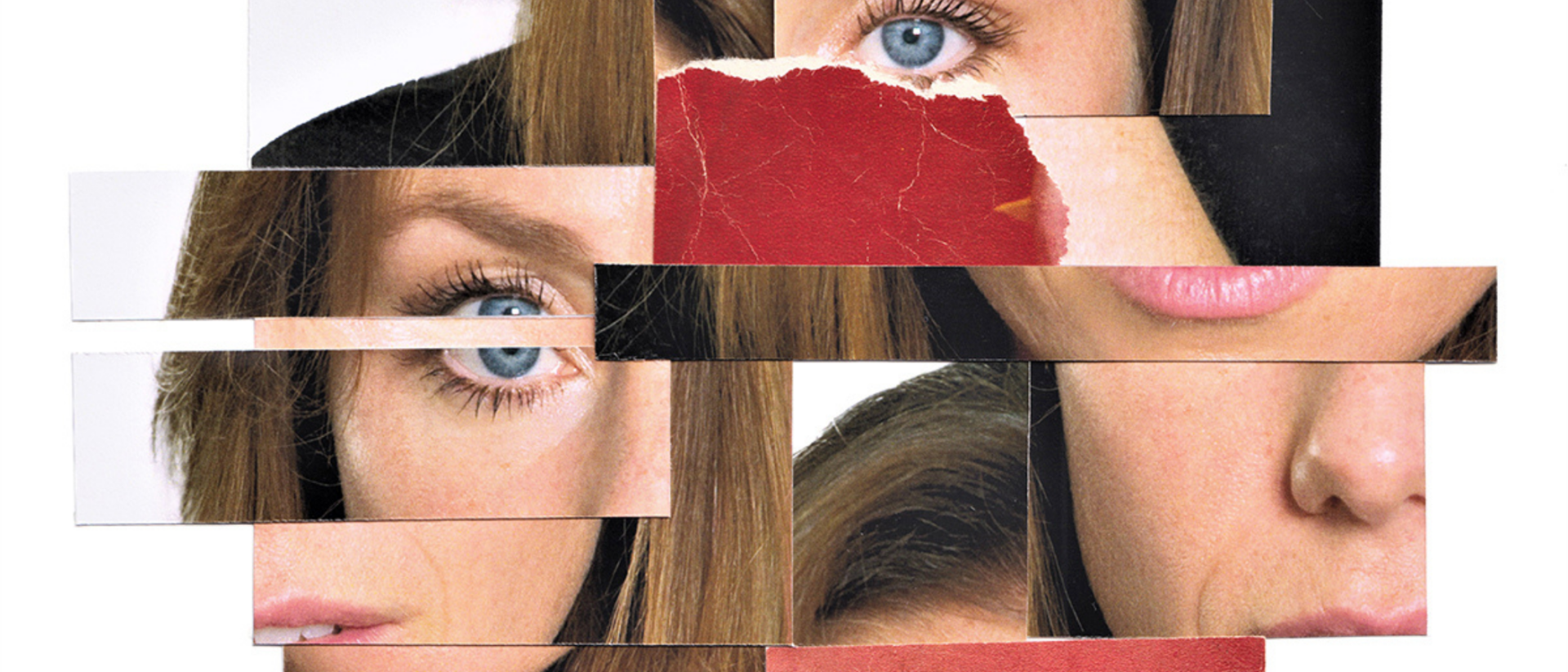 Fragmenten van een vrouwengezicht, geknipt en geplakt met gescheurde foto's.