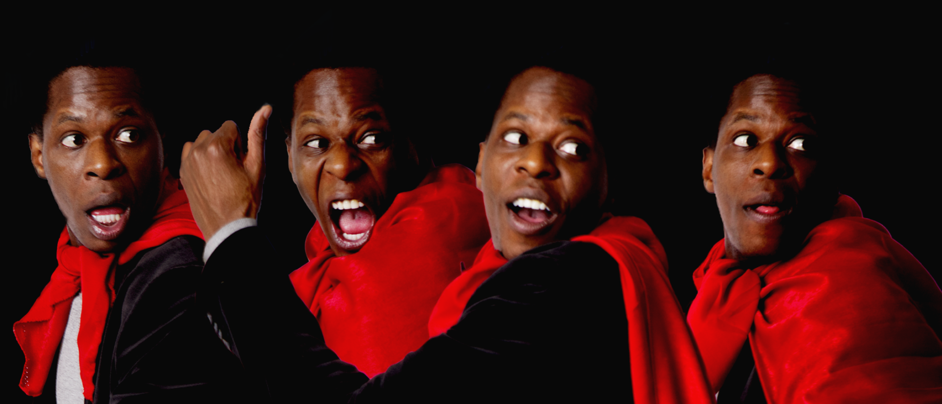 Glodi Lugungu in vier expressieve poses op promotiefoto voor In de Hemel ken ik jullie niet