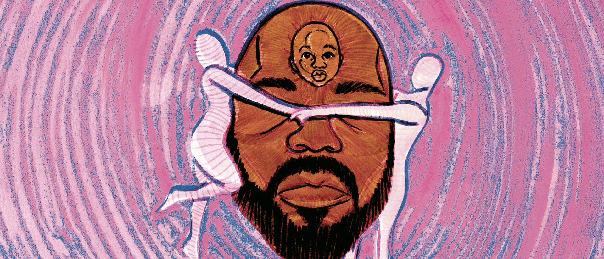 Illustratie Fear Me Dalton Jansen, gezicht met dansende figuren en kinderportret in roze swirl