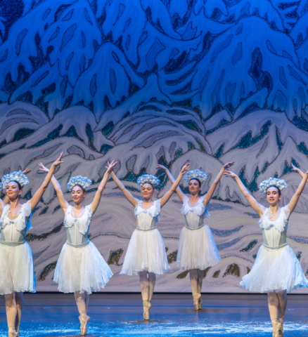 Rij ballerina's in witte jurken voor sneeuwlandschap in De Notenkraker Hoorn