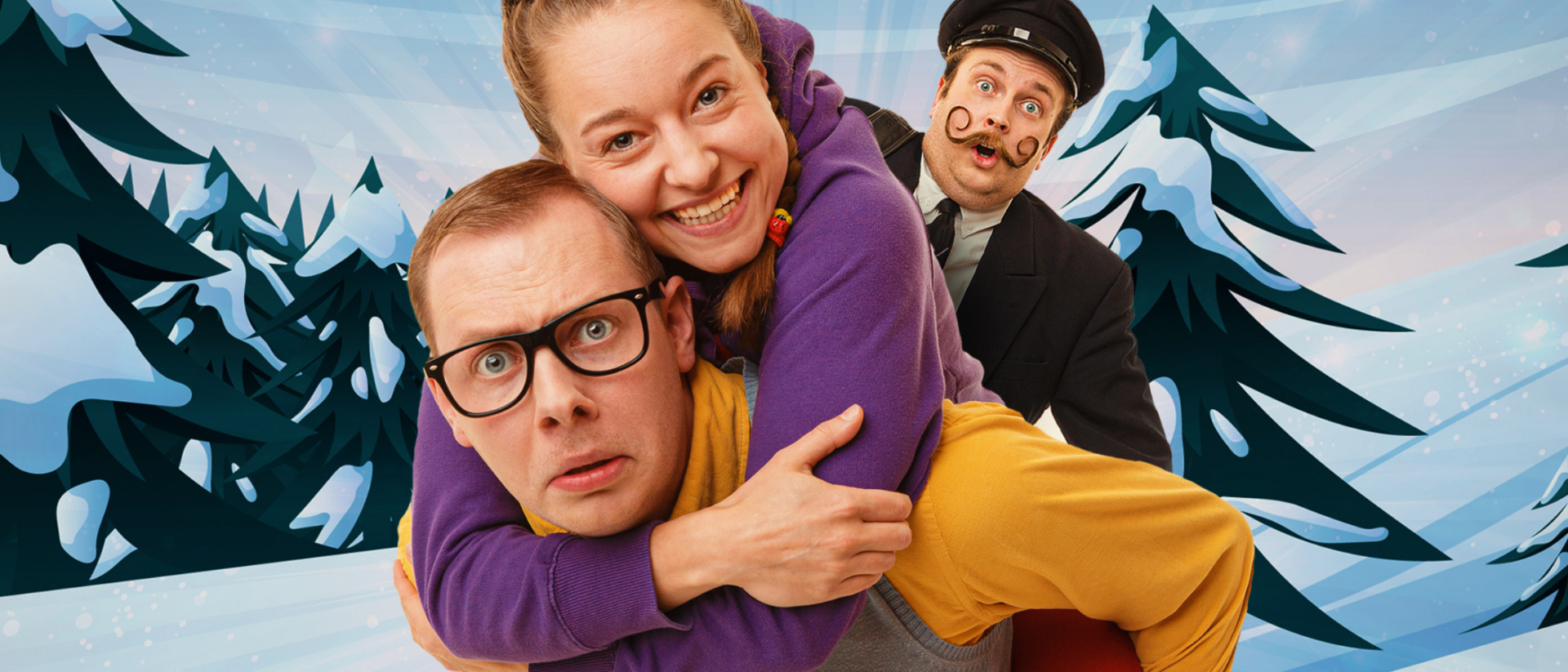Drie acteurs van Pip & Pelle in winterse scène voor voorstelling Winter in Hoorn