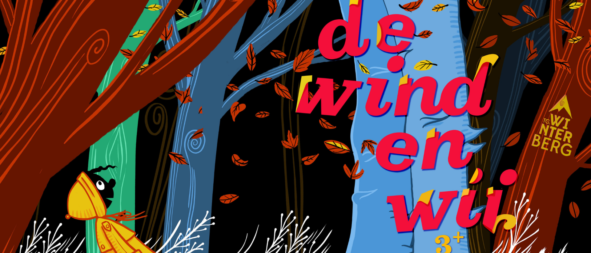 Illustratie meisje en groot blauw wezen in herfstbos voor kindervoorstelling De Wind en Wij Hoorn
