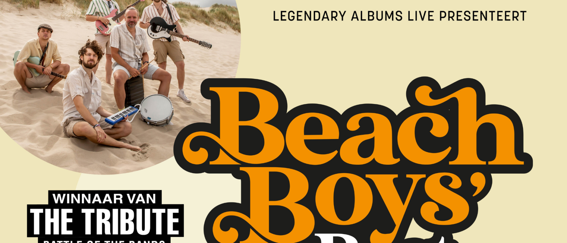 Vijf muzikanten van Beach Boys Best op strand promotiebeeld winnaar The Tribute Hoorn