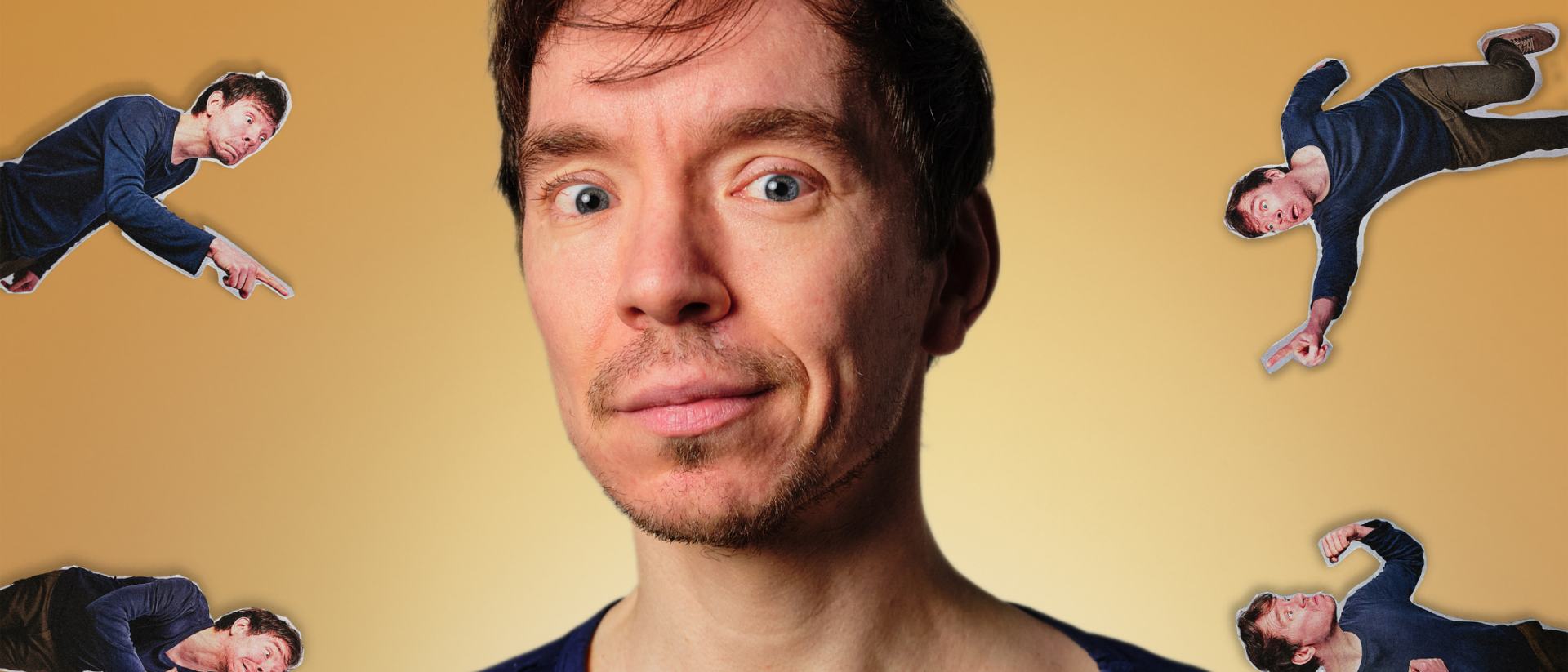 Fabian Franciscus portretfoto omringd door kleine versies van zichzelf voor cabaretshow Best Of