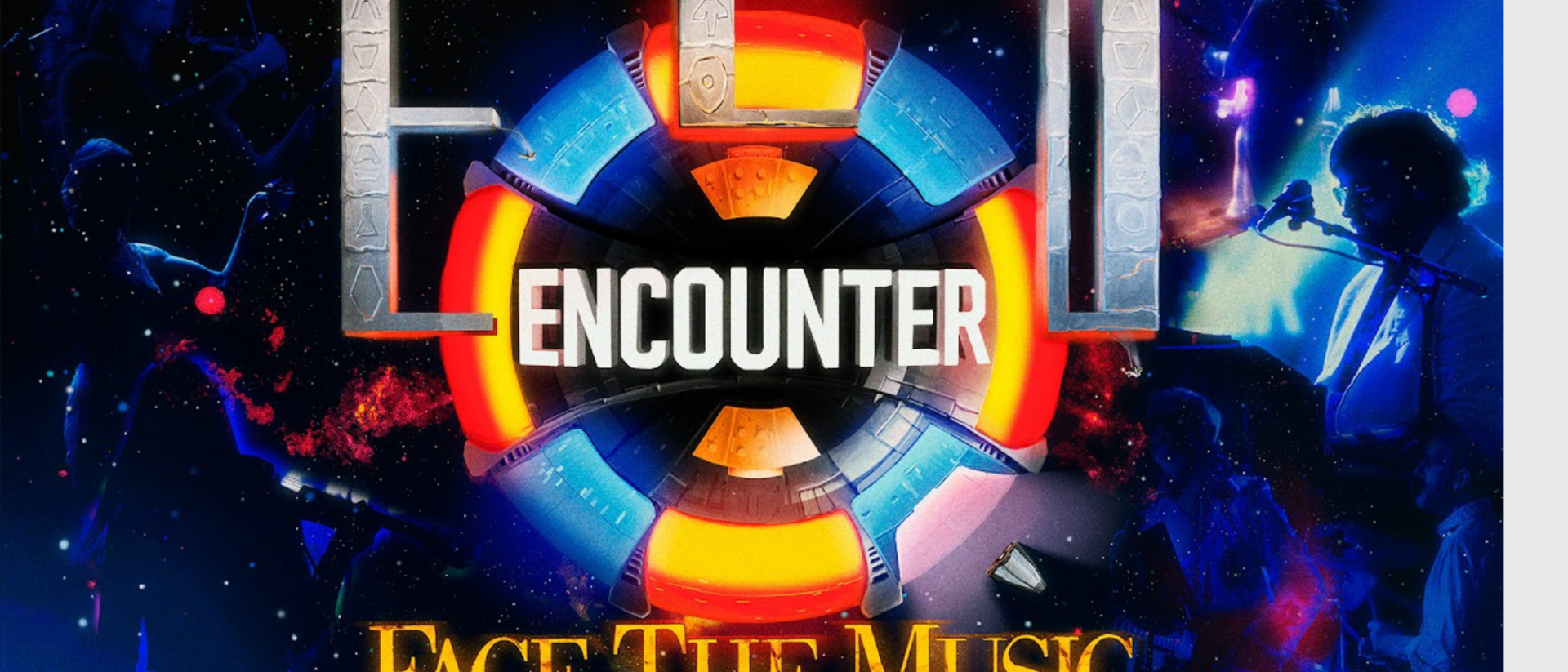 The ELO Encounter Face the Music — promotiebanner met muzikanten en ruimtevisuals in Hoorn