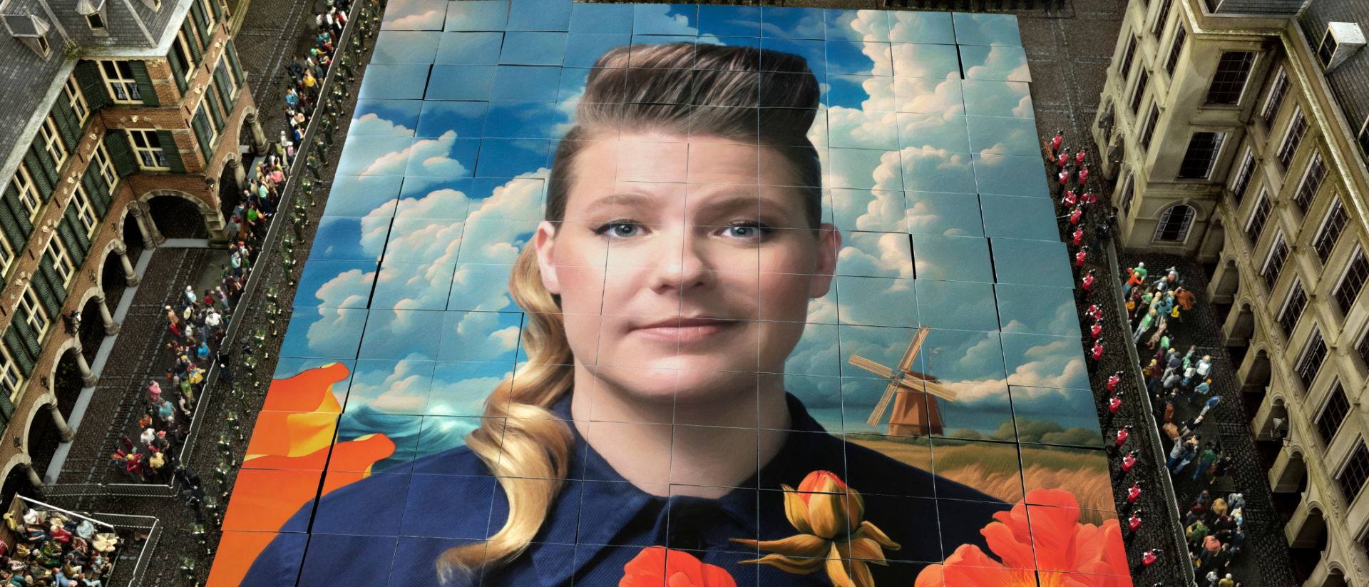 Kiki Schippers portret als gigantisch doek op het Binnenhof voor Praktische Bezwaren
