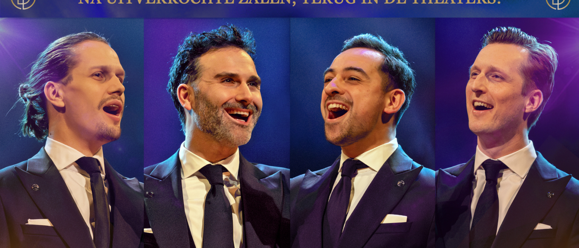 The Dutch Tenors in pak poseren voor theatershow Rise Up in Hoorn