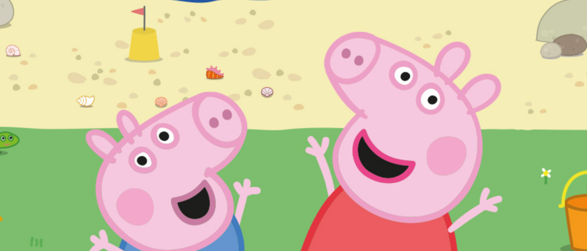 Peppa Pig en George op het strand in Peppa Pig Live Samen op Stap, theatervoorstelling in Hoorn