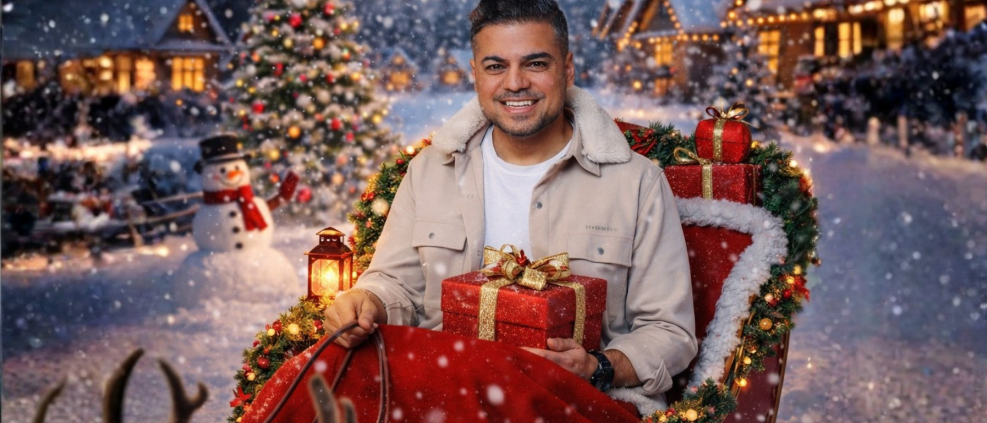 Rayen Panday in een arrenslee met kerstcadeau voor de show Wonderful Christmastime
