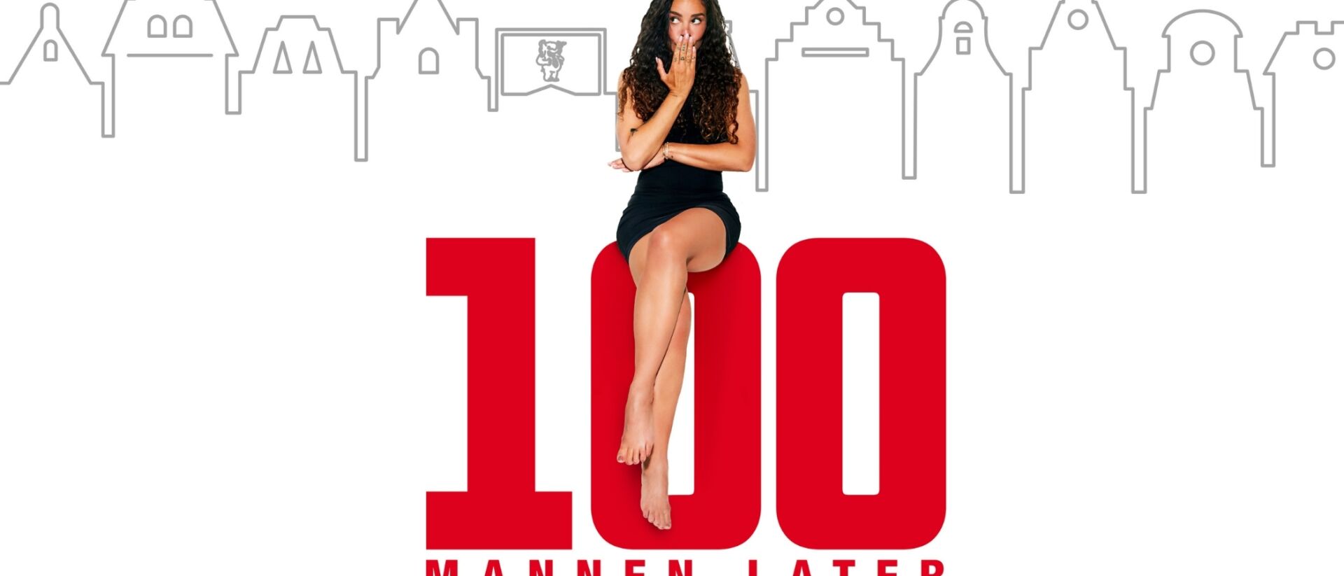 Fajah Lourens met hand voor haar mond op de rode 100 van 100 Mannen Later in Hoorn