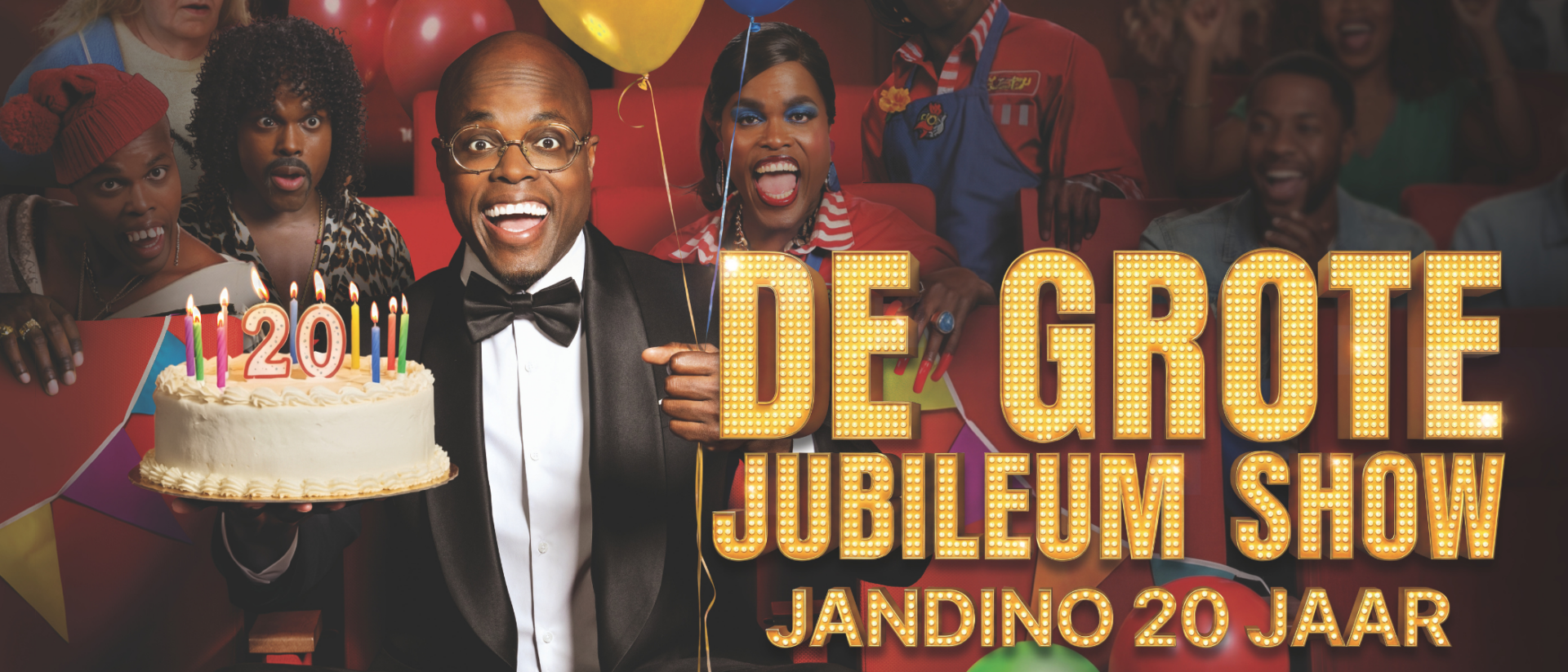 Jandino met verjaardagstaart en ballonnen op poster De Grote Jubileum Show Jandino 20 Jaar