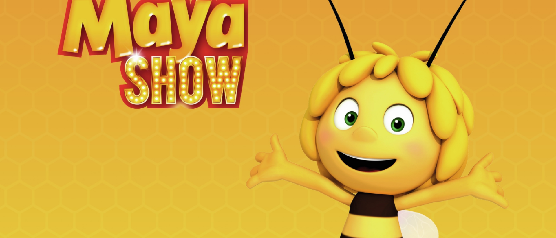 Maya de Bij als 3D-figuur op geel promotiebeeld voor Maya Show kindervoorstelling Hoorn