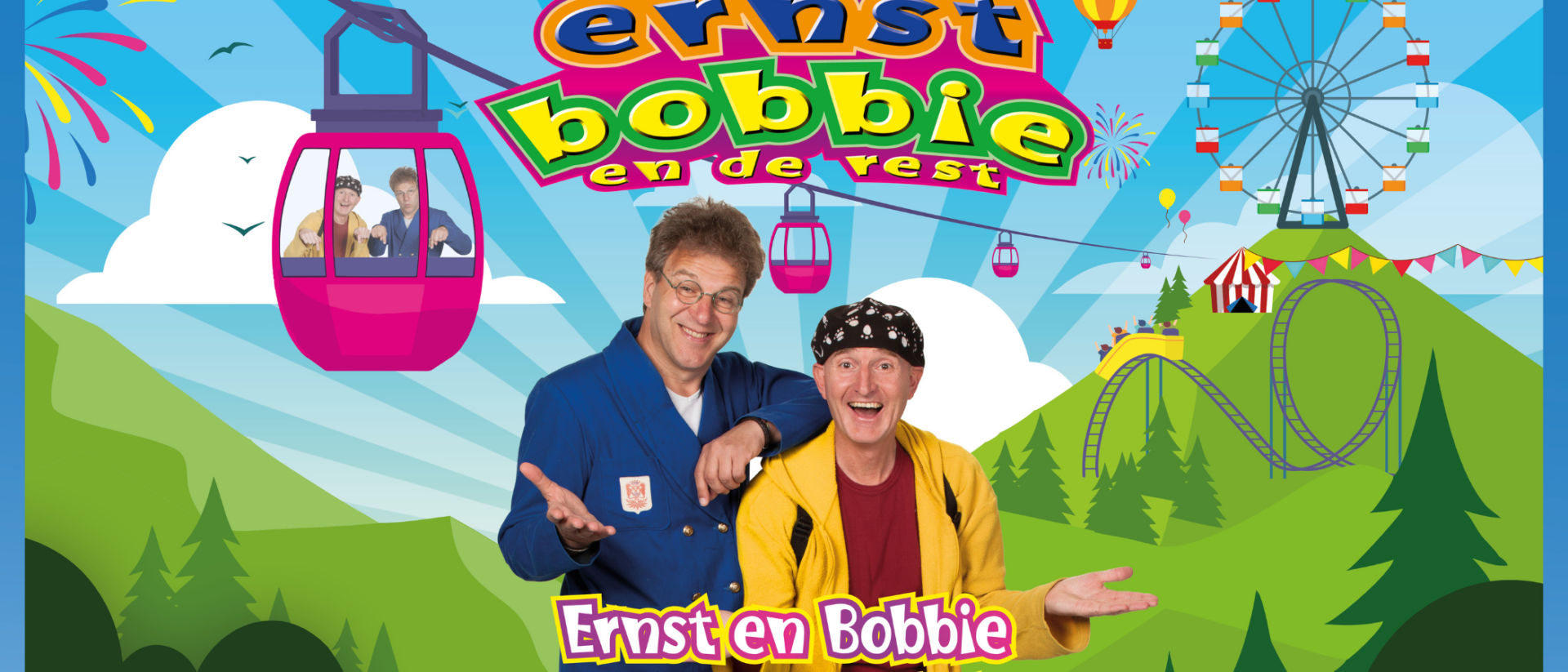 Ernst en bobbie staan tegen een getekende achtergrond. De titel van de voorstelling staat er op.