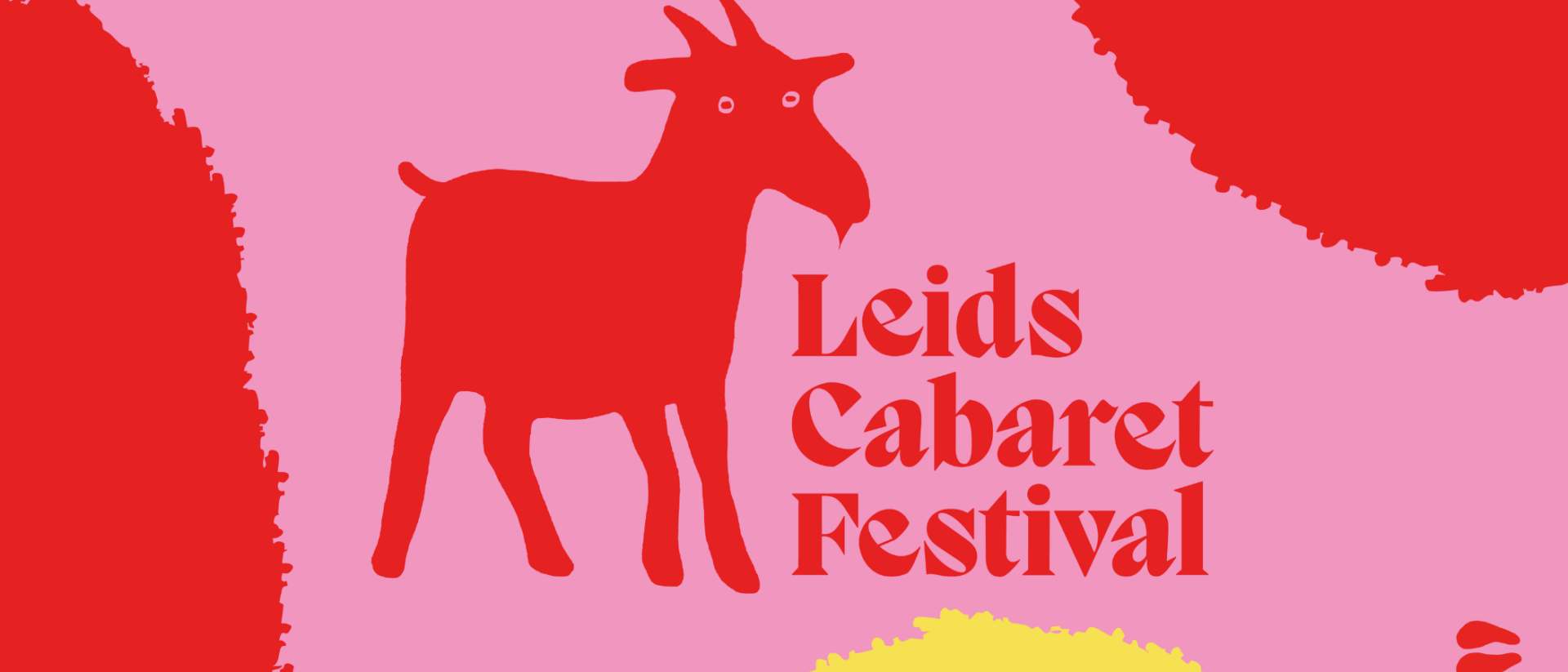 Rode geit en logo van Leids Cabaret Festival Finalistentour op roze achtergrond